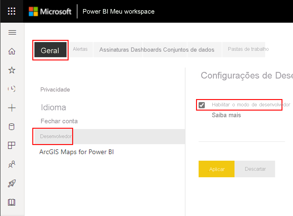 Captura de tela do modo de habilitação do desenvolvedor, nas configurações do Power BI, guia Configurações do desenvolvedor.