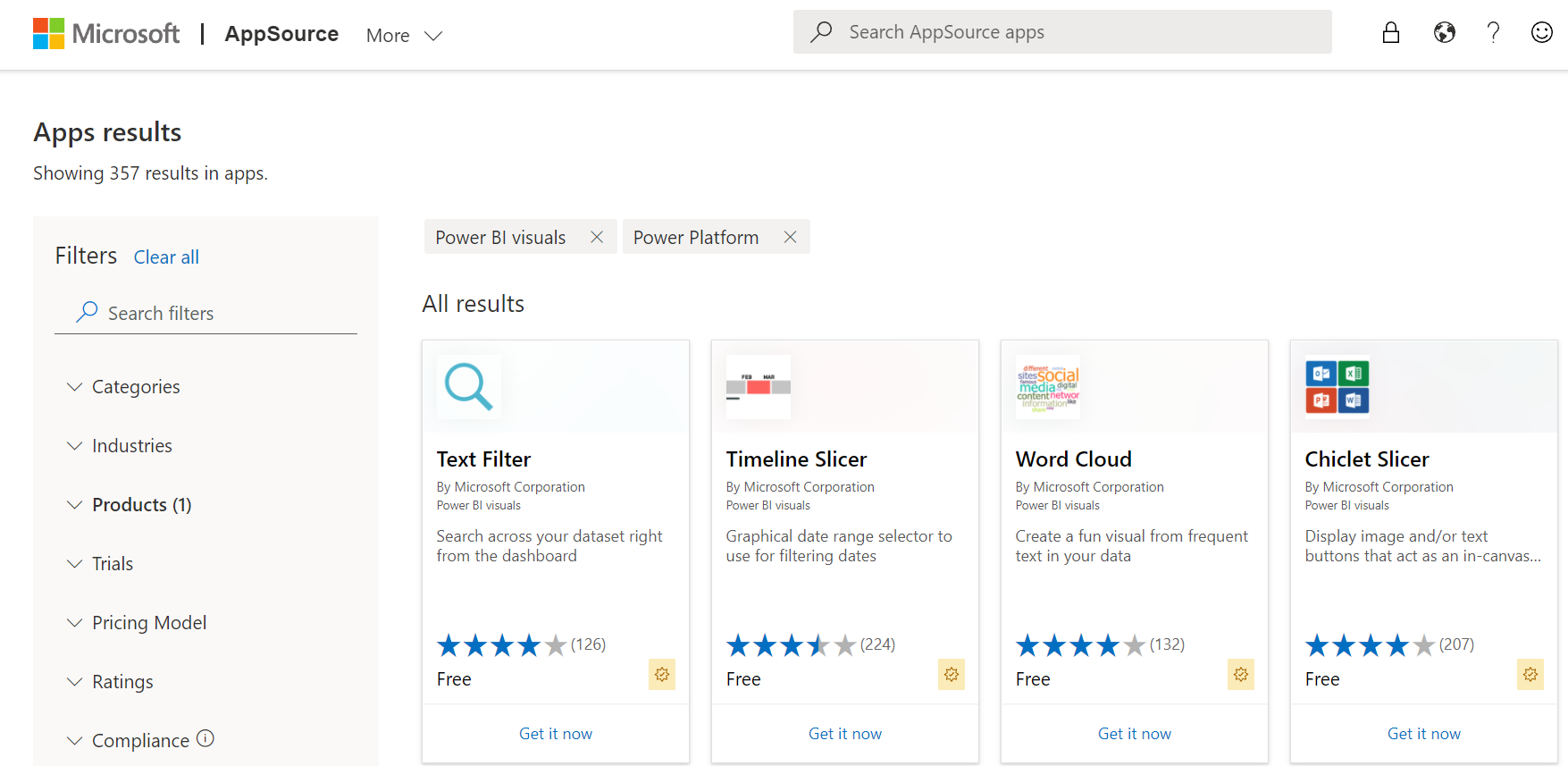 Captura de tela dos visuais do Power BI no AppSource.