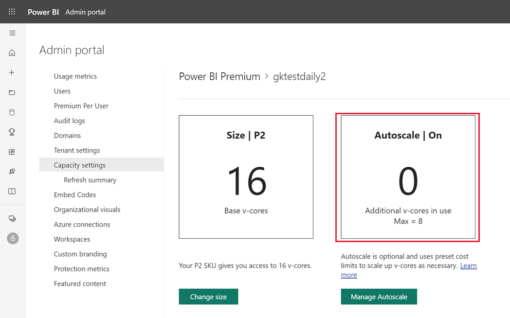 Captura da tela de configurações de capacidade depois que o Dimensionamento Automático foi definido como ativado e configurado.