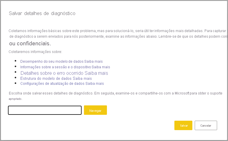 Screenshot of the Power BI Desktop save diagnostics details dialog.