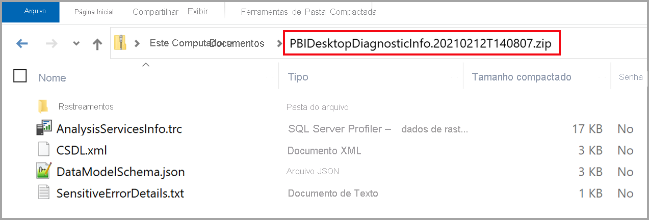 Screenshot of an Explorer window showing the path to the diagnostics ZIP file and the contents.