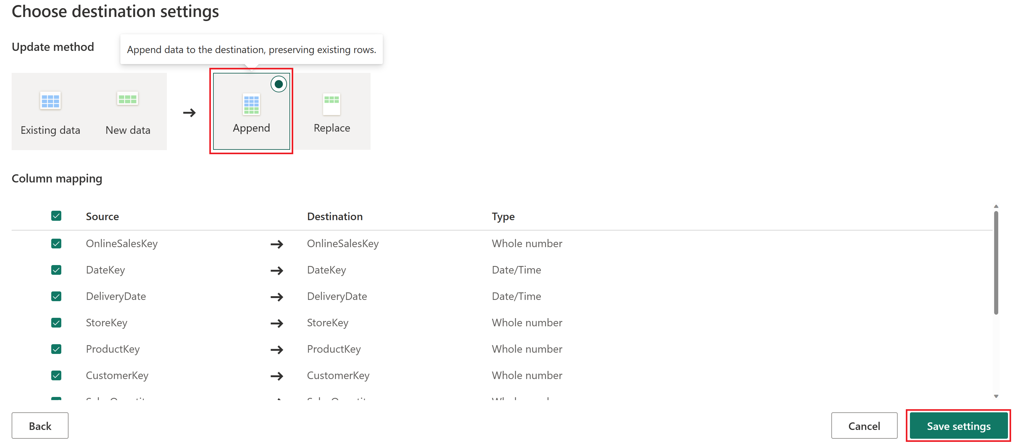 Captura de tela da seleção do menu de configurações de destino.