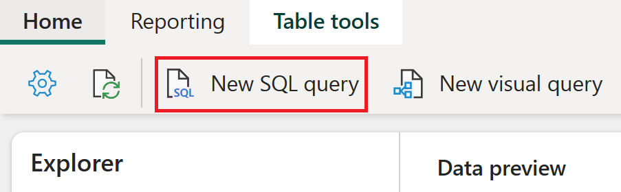 Captura de tela da Nova consulta SQL na guia Início.