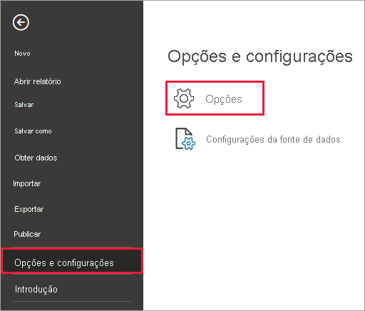 Captura de tela do Power BI Desktop que mostra o botão Opções.