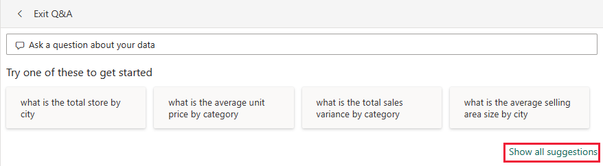 A captura de tela mostra perguntas e respostas com a opção Mostrar todas as sugestões selecionadas.