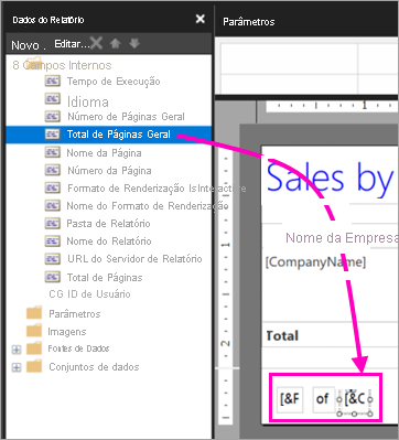 Captura de tela do painel Dados do Relatório que mostra para onde arrastar um campo interno para um rodapé.