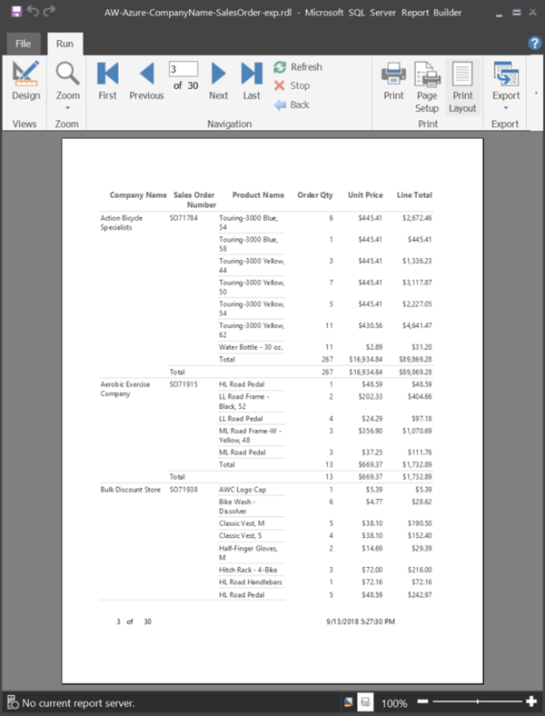 Captura de tela de um relatório de exemplo com Layout de impressão selecionado.