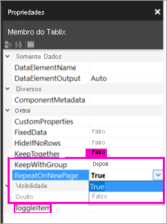 Captura de tela que mostra onde encontrar as propriedades do Membro Tablix.