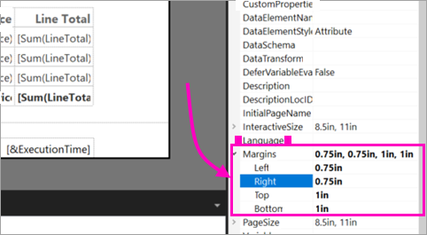 Captura de tela das propriedades do relatório que mostra onde ver e editar as margens do relatório.
