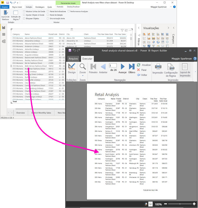 Captura de tela do relatório paginado do Report Builder impresso do Power BI Desktop.