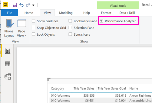 Captura de tela da opção Performance Analyzer na faixa de opções Exibir.