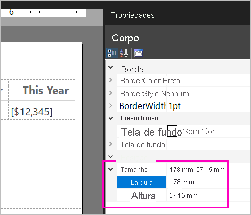 Captura de tela das propriedades de tamanho do corpo.