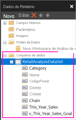 Captura de tela dos campos listados no conjunto de dados no painel Dados do Relatório.