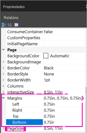 Captura de tela das propriedades de margem da página.