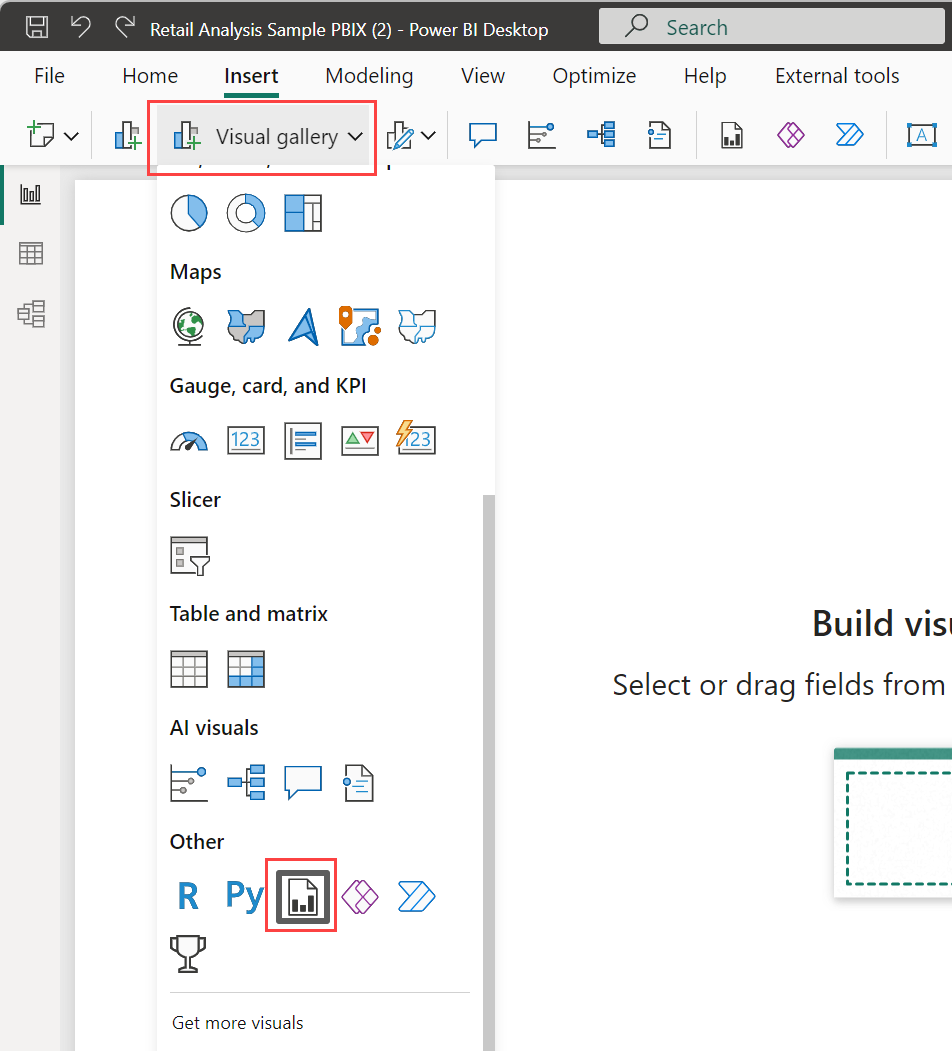 criando um relatório paginado no Power BI Desktop.