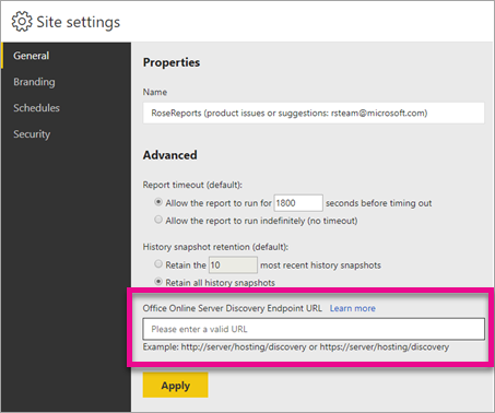 Site settings for Power BI Report Server.