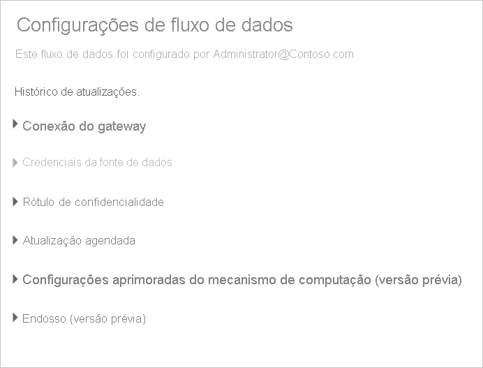 Captura de tela da página Configurações de um fluxo de dados depois de selecionar Configurações na lista suspensa de fluxo de dados.