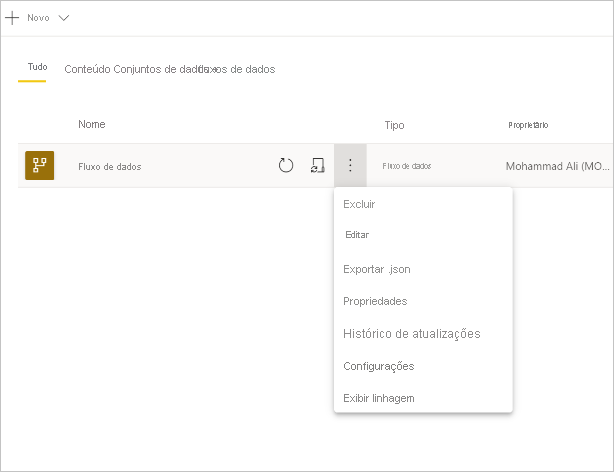 Captura de tela de um fluxo de dados selecionado com o menu suspenso mais aberto.