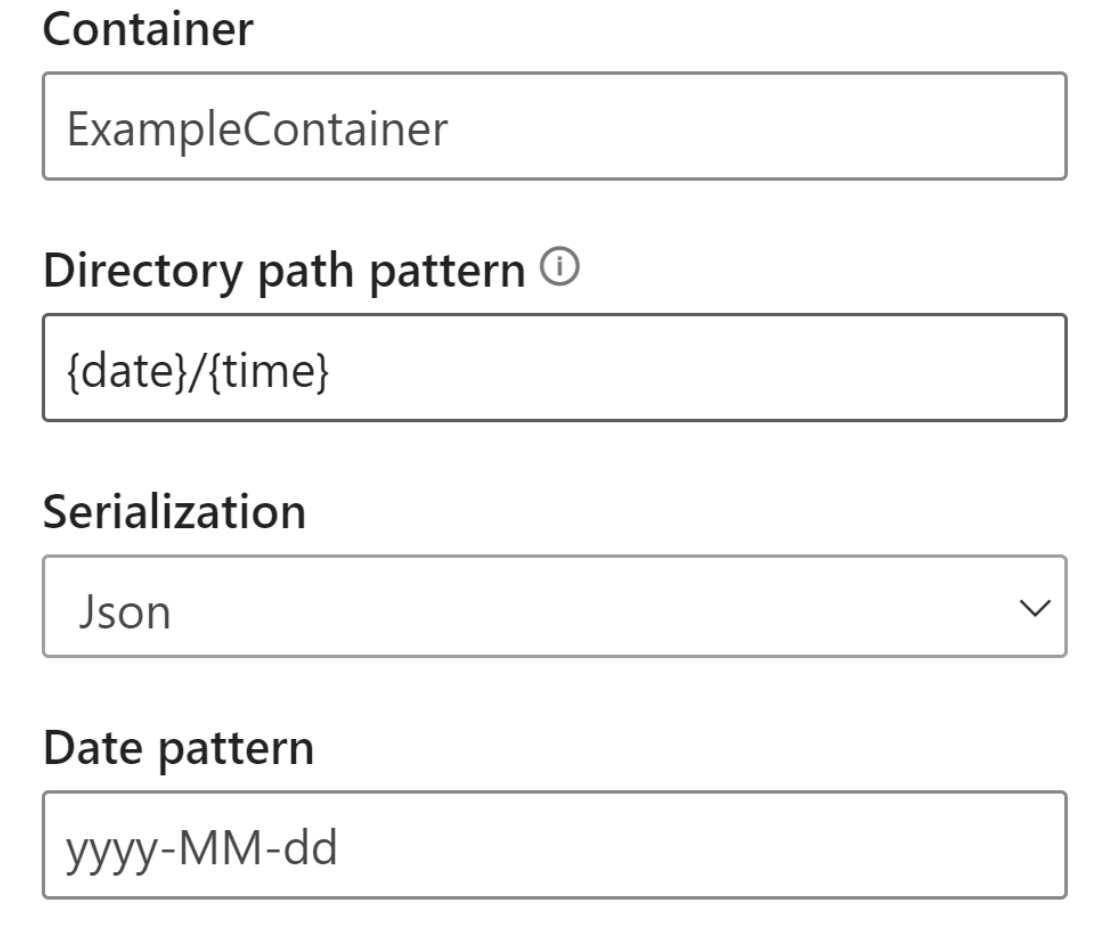 Captura de tela que mostra as caixas de entrada do blob de fluxo usadas para configurar o contêiner de exemplo.