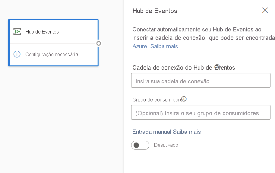 Captura de tela que mostra o cartão do hub de eventos e o painel de configuração na exibição de diagrama.