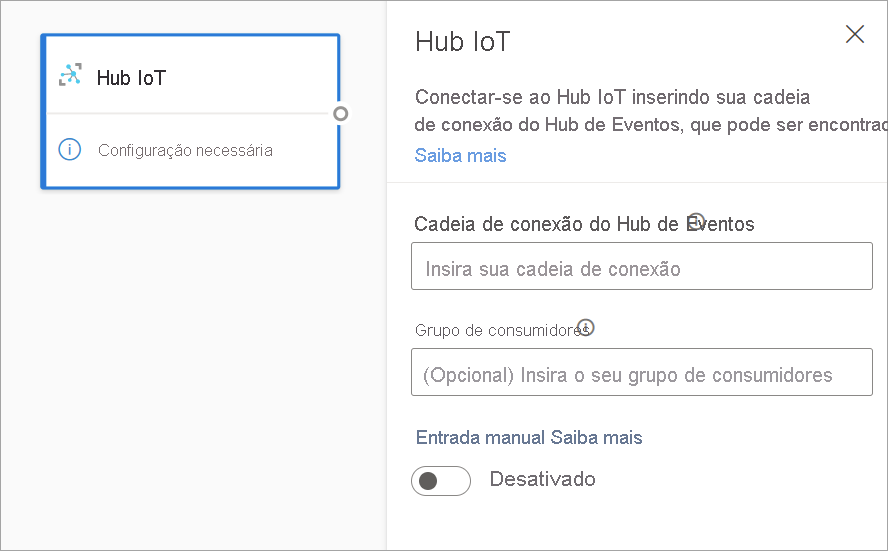  Captura de tela que mostra o cartão do Hub IOT e o painel de configuração na exibição de diagrama