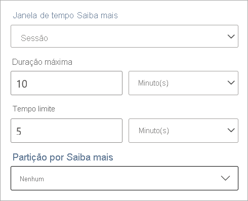 Captura de tela que mostra a duração, o tempo limite e as configurações de partição para uma janela de tempo de sessão.