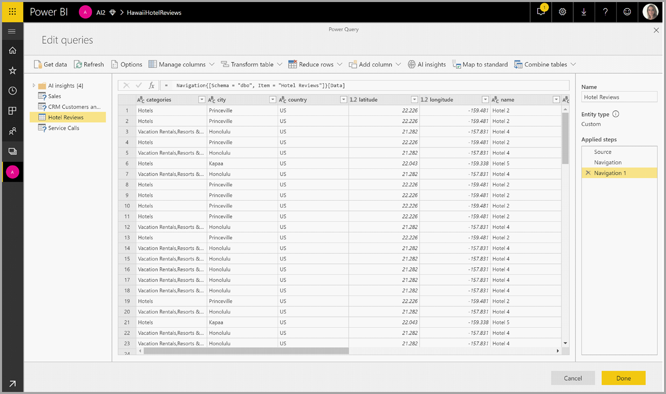 Captura de tela do Power Query com uma entidade aberta.