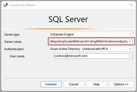 Captura de tela da janela Conectar-se ao servidor do SQL Server.