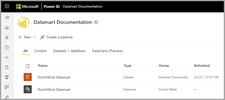 Captura de tela da localização de um datamart existente de todos os itens.