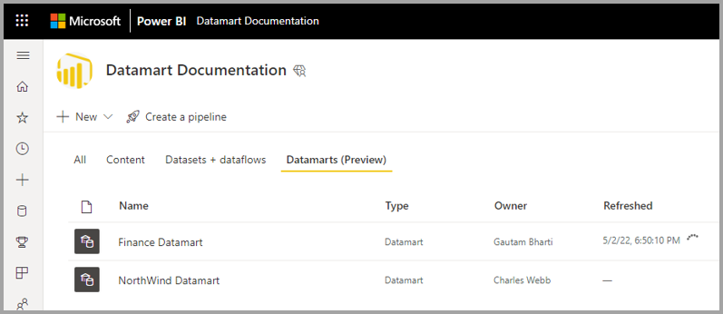 Captura de tela do datamart selecionado na lista de datamarts.