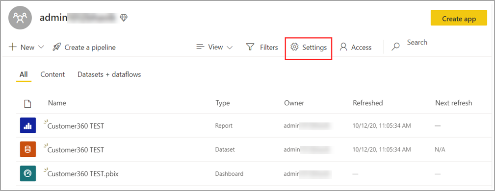 Captura de tela do painel de configurações em um workspace Premium.