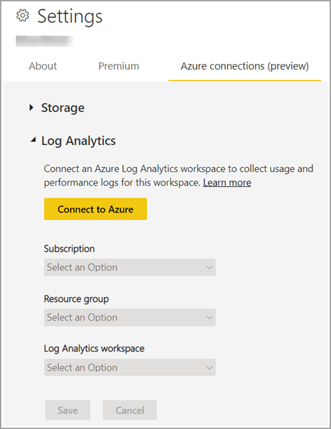 Captura de tela da guia Conexões do Azure aberta no painel de configurações, o Log Analytics é expandido.