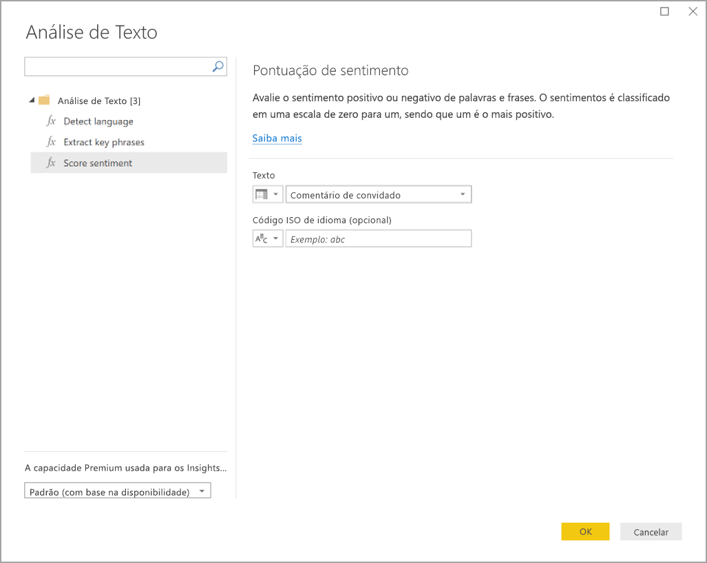 Screenshot of the Text analytics dialog box showing the Score sentiment function.