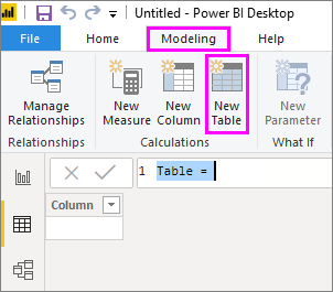 Captura de tela da faixa de opções do menu Power BI Desktop com as ferramentas Tabela, Nova tabela e Exibição de dados realçadas.