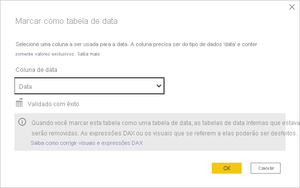 Screenshot of Power BI Desktop showing the Mark as date table dialog box with an important note.