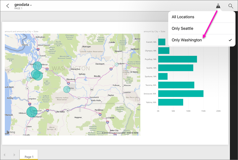 Captura de tela de um relatório no aplicativo do Power BI realçando o filtro geográfico.