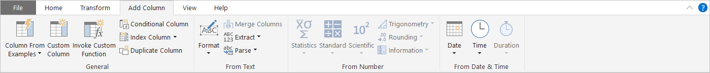 Captura de tela do Power BI Desktop mostrando a guia Adicionar Coluna.