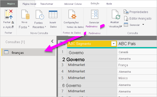 Captura de tela do Power BI Desktop mostrando Consultas no painel esquerdo.