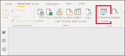 Captura de tela do Power BI Desktop com o ícone Transformar dados realçado.