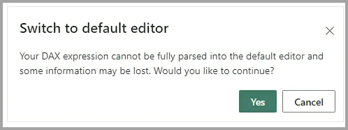 Captura de tela do aviso sobre alternar para o editor padrão.