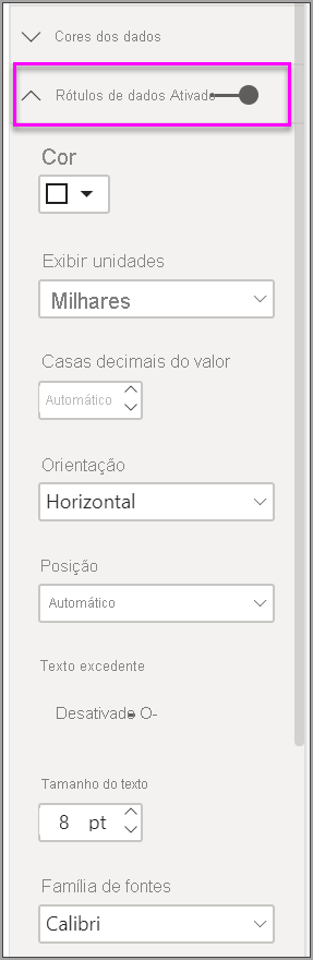 Captura de tela mostrando as opções de formatação das etiquetas de dados no Power BI.