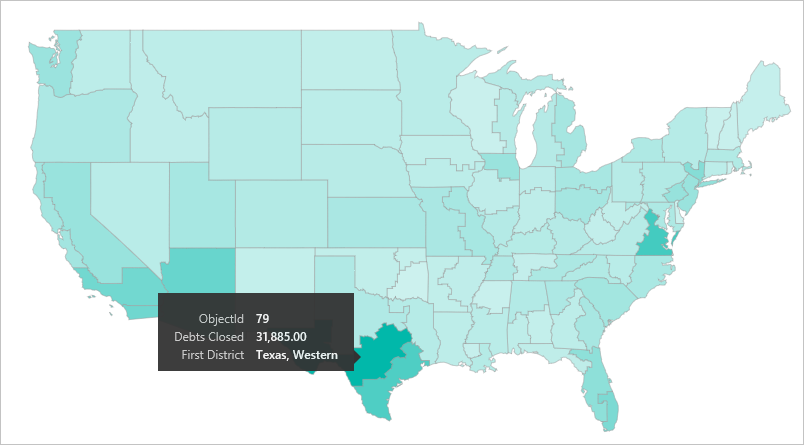 Captura de tela do mapa de formas personalizado com o Texas realçado.