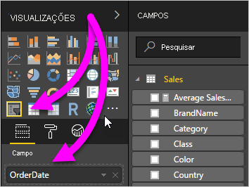 Captura de tela do painel de visualizações com o ícone do visual de segmentação e a caixa Campo em destaque.