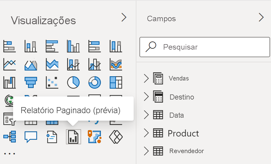 Captura de tela da seleção do Visual de relatório paginado no painel Visualizações.