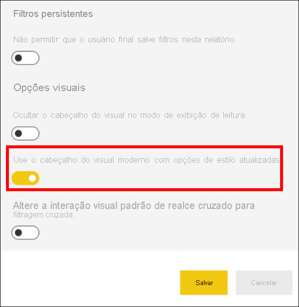 Captura de tela mostrando Habilitar cabeçalho visual moderno selecionado.