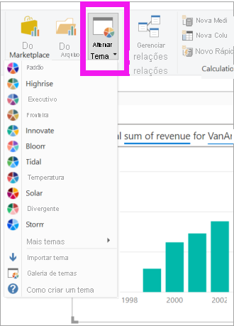 Captura de tela que mostra como selecionar o menu suspenso Temas no Power BI Desktop.