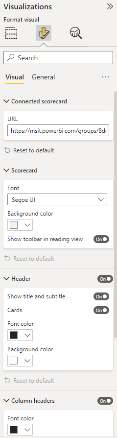 Captura de tela que mostra as opções de formatação do scorecard.