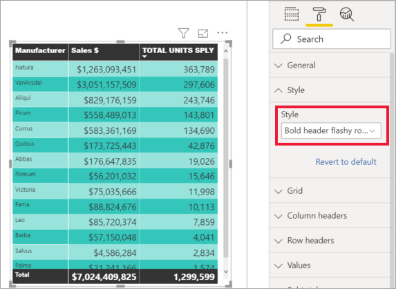 Screenshot showing Same table with Bold header flashy rows applied.