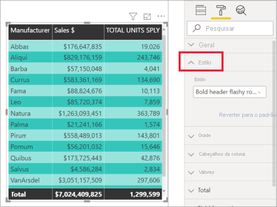 Screenshot shows the style option of Bold header flashy rows, which makes the header row black and the other rows light and dark green.