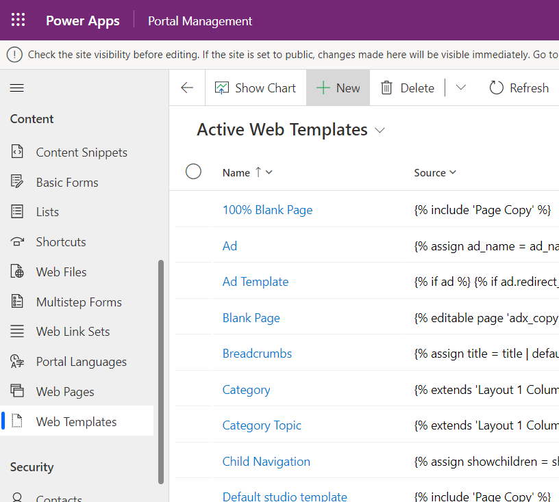 A opção de menu + Novo na página Modelos da Web Ativos no aplicativo Gerenciamento do Portal.